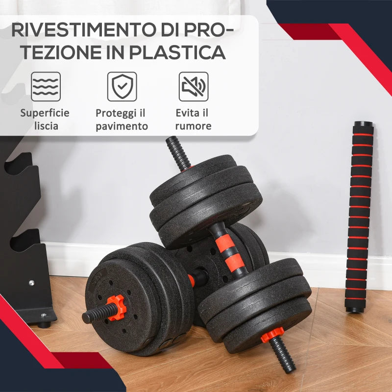 HOMCOM Set 2 Manubri Convertibili in Bilanciere, 25kg Totali con 12 Dischi Pesi Acciaio e Plastica Allenamento a Casa