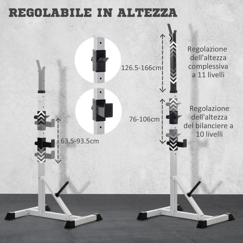 HOMCOM Set 2 Supporti Bilanciere in Acciaio con 3 Ganci, Altezza Regolabile e Portata 200kg, Argento e Nero
