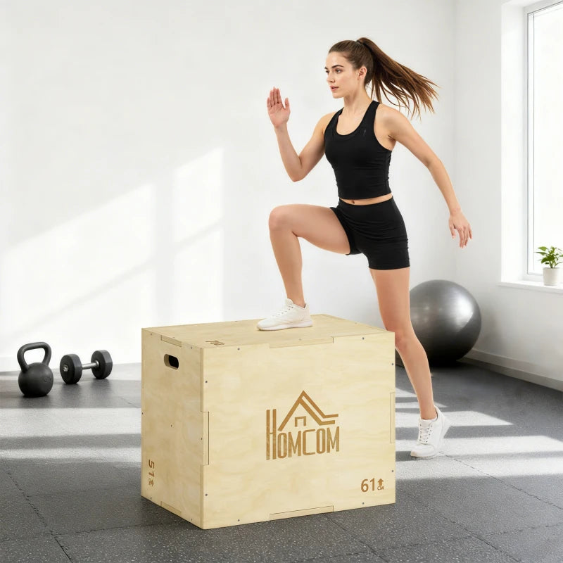 HOMCOM Plyo Box in Legno a 3 Altezze, Jumping Box Pliometrico Capacità 120kg, 61x51x76cm