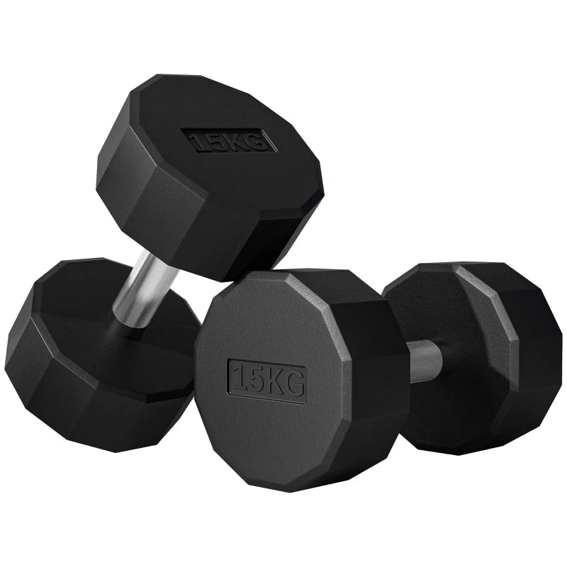 SPORTNOW Set 2 Manubri a 12 Lati da 15 kg in Metallo e Gomma con Impugnatura Antiscivolo, 26x15.5x15.5 cm, Nero