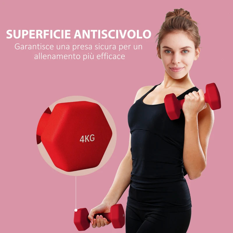SPORTNOW Set 2 Manubri Esagonali da 2x4 kg in Metallo e Plastica con Impugnatura Antiscivolo, 19x9x9 cm, Rosso