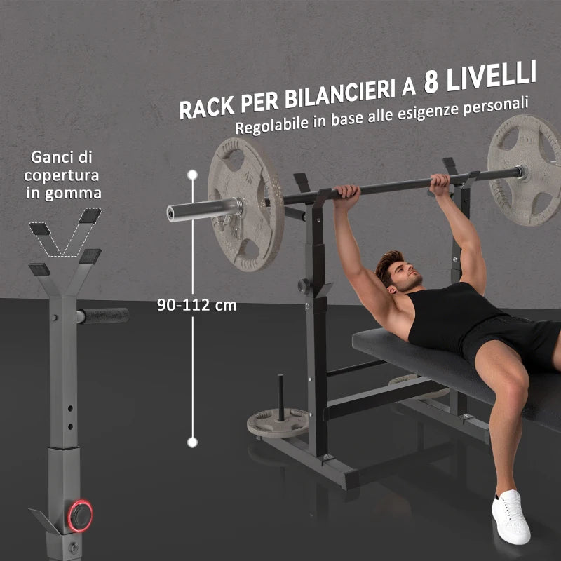HOMCOM Panca Pesi Pieghevole con 8 Altezze Regolabili e Supporto Bilanciere in Acciaio e PU, 140x73x98-122 cm, Grigio
