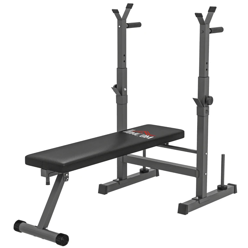 HOMCOM Panca Pesi Pieghevole con 8 Altezze Regolabili e Supporto Bilanciere in Acciaio e PU, 140x73x98-122 cm, Grigio