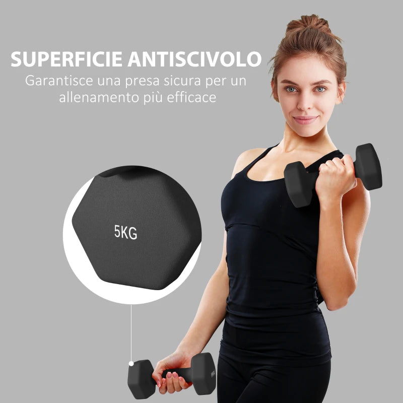 SPORTNOW Set 2 Manubri Esagonali da 2x5 kg in Metallo e Plastica con Impugnatura Antiscivolo, 20x9x9 cm, Nero
