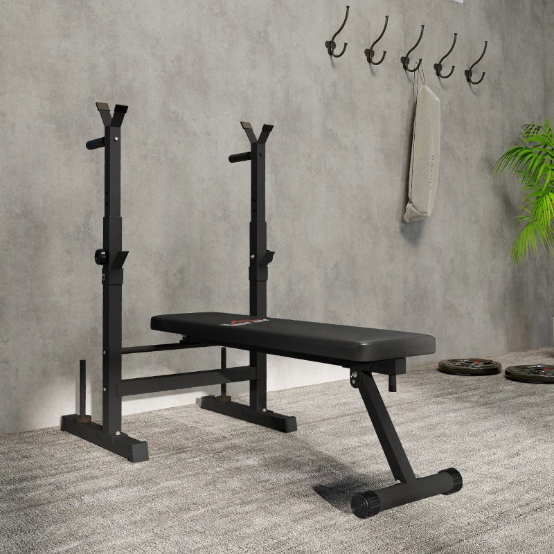 HOMCOM Panca Pesi Pieghevole con 8 Altezze Regolabili e Supporto Bilanciere in Acciaio e PU, 140x73x98-122 cm, Nera