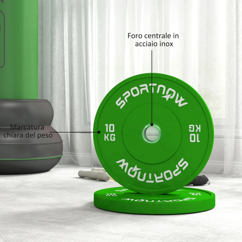 SPORTNOW Set 2 Dischi Pesi da 10kg in Gomma con Foro da 2"/5 cm per Manubri e Bilancieri, Verde