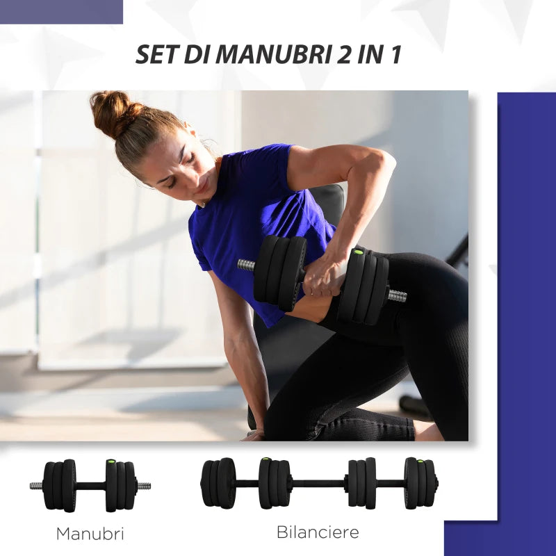 SPORTNOW Set 2 in 1 con 2 Manubri Convertibili in Bilanciere, Peso Totale 20 kg e Dischi Pesi Regolabili, Nero