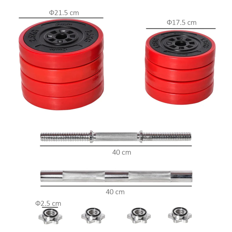 HOMCOM Set 2 in 1 Bilanciere e Manubri Pesi da 20kg, Dischi con Rivestimento in Plastica Antigraffio, Rosso e Nero