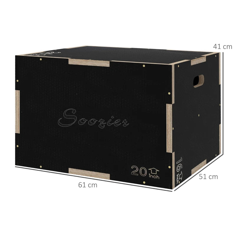 SPORTNOW Box Jump Pliometrico a 3 Altezze in Legno Antiscivolo, 61-51-41cm, Nero