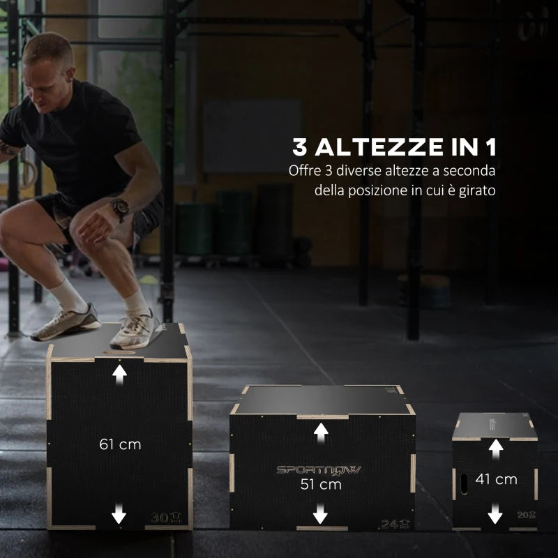 SPORTNOW Box Jump Pliometrico a 3 Altezze in Legno Antiscivolo, 61-51-41cm, Nero