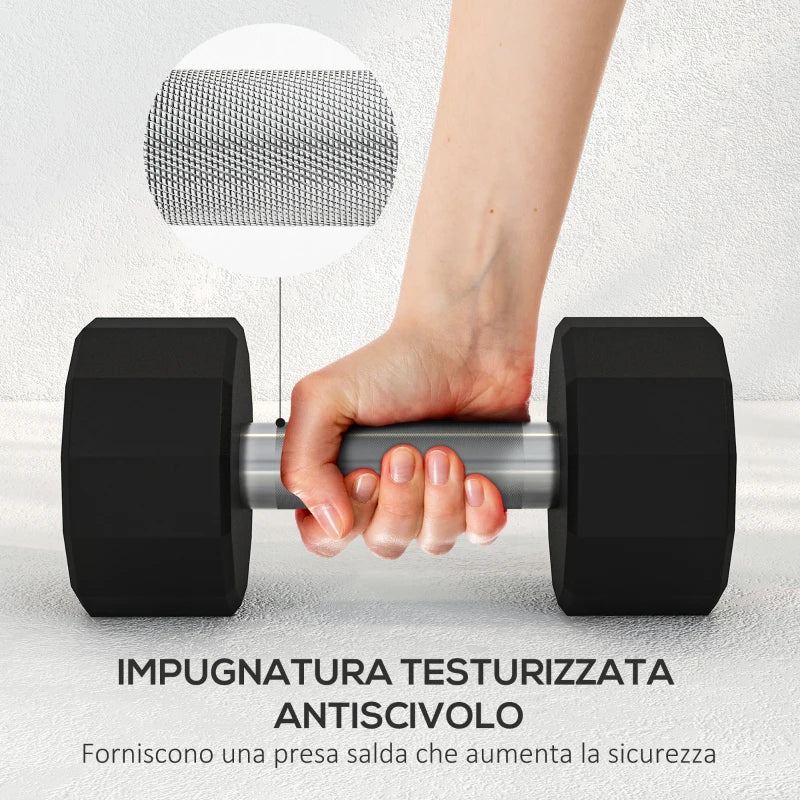 SPORTNOW Set 2 Manubri a 12 Lati da 10 kg in Metallo e Gomma con Impugnatura Antiscivolo, 26x13x13 cm, Nero