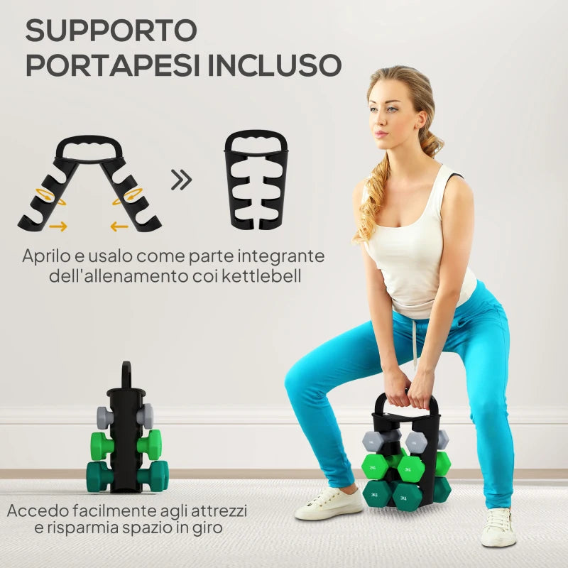 SPORTNOW Set 6 Manubri Pesi (2x1 kg, 2x2 kg, 2x3 kg) da 12 kg con Supporto/Kettlebell, in Metallo e Plastica Multicolore