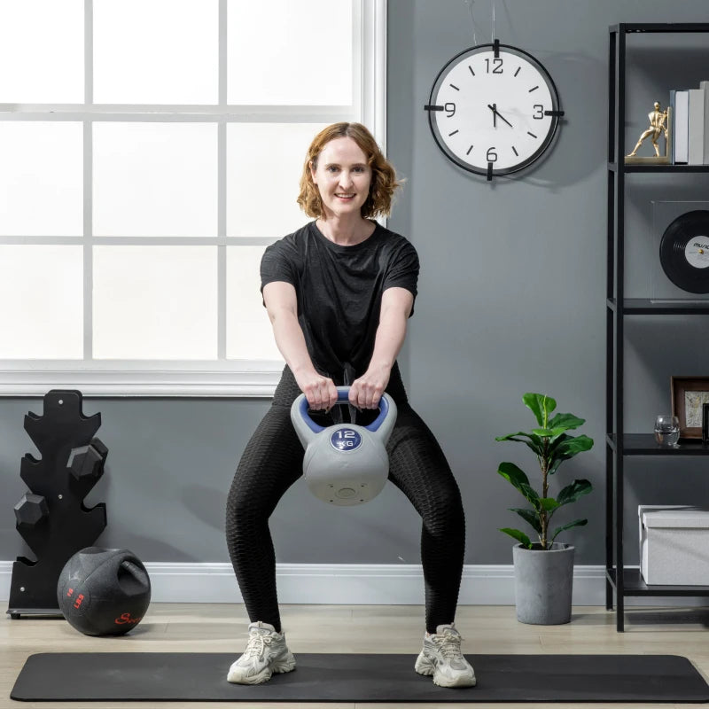 SPORTNOW Kettlebell 12kg in PU e Sabbia con Base Piatta e Impugnatura per Stacchi, Squat e Sollevamenti, 24x17x28 cm, Blu