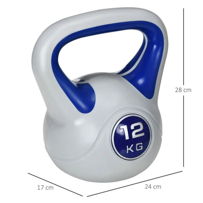 SPORTNOW Kettlebell 12kg in PU e Sabbia con Base Piatta e Impugnatura per Stacchi, Squat e Sollevamenti, 24x17x28 cm, Blu
