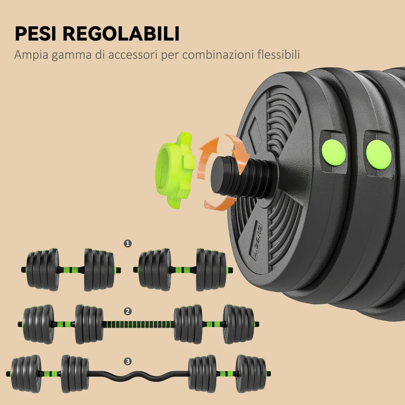 SPORTNOW Set Bilanciere con Pesi 3 in 1 da 16 Dischi e Impugnatura Antiscivolo, 140x22x22 cm, Verde