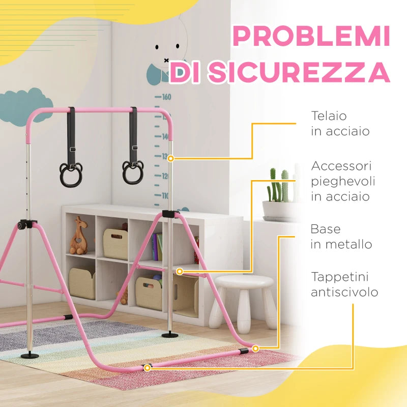 HOMCOM Sbarra Ginnastica Artistica per Bambini ad Altezza Regolabile con 2 Anelli, in Acciaio, 148x105x88-128 cm, Rosa