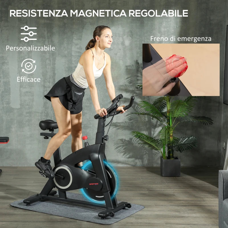SPORTNOW Cyclette Magnetica con Volano 10 kg, Sedile e Manubrio Regolabili, Monitor LCD, Porta Tablet, Nero