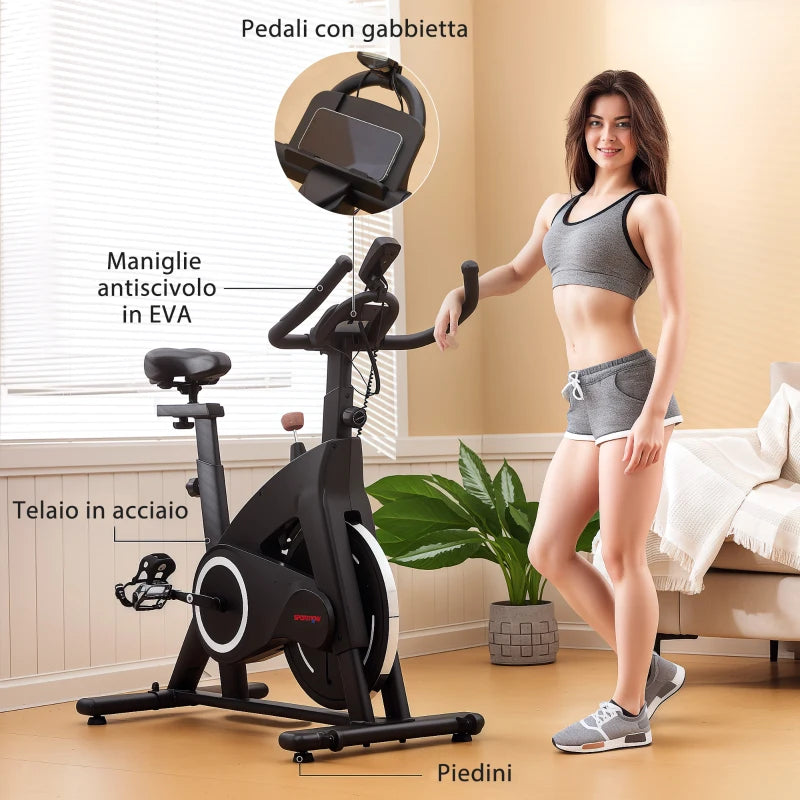 SPORTNOW Cyclette Magnetica con Volano 10 kg, Sedile e Manubrio Regolabili, Monitor LCD, Porta Tablet, Nero