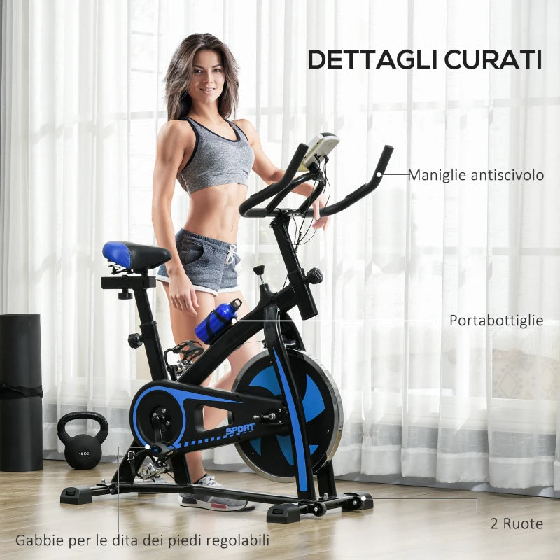 SPORTNOW Cyclette da Casa con Manubrio e Sella Regolabile e Monitor LCD, in Acciaio e ABS, 118x50x105-115 cm, Blu