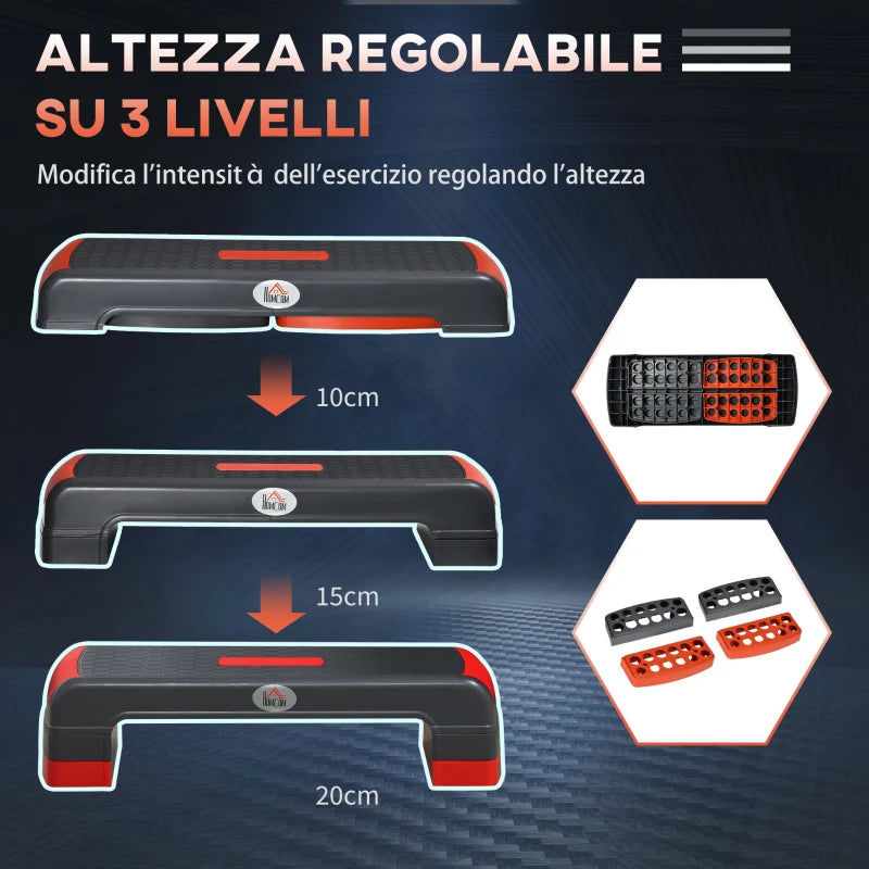 HOMCOM Step Fitness per Aerobica Regolabile su 3 Altezze 10-15-20 cm in Plastica, Nero e Rosso