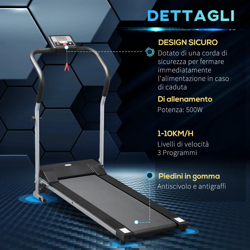 HOMCOM Tapis Roulant Elettrico e Pieghevole con Schermo LCD e 2 Ruote per Allenamento a Casa o in Ufficio, Motore 500W Velocità 10km/h