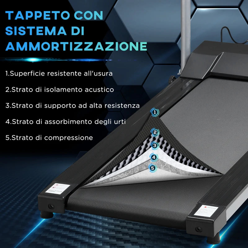 HOMCOM Tapis Roulant Elettrico e Pieghevole con Schermo LCD e 2 Ruote per Allenamento a Casa o in Ufficio, Motore 500W Velocità 10km/h