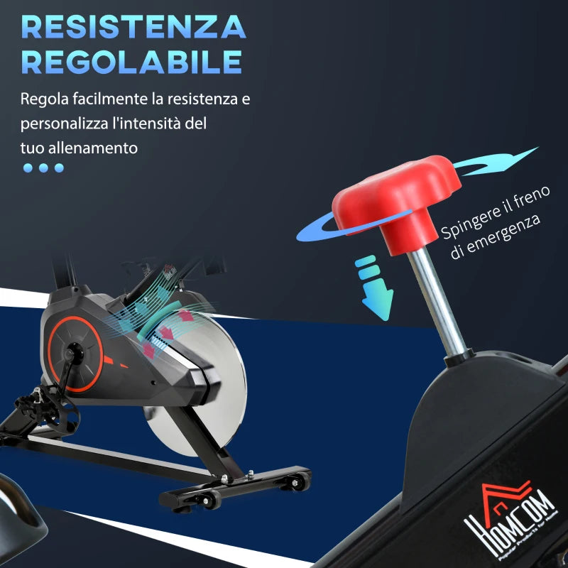 HOMCOM Cyclette da Casa con Resistenza Regolabile, Cyclette Professionale da Camera con Sella e Manubrio Regolabile, Monitor LCD, Sensore Battito Cardiaco Porta Celullare e Volano 6kg, Max.100kg
