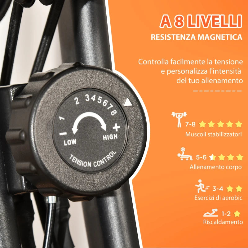 HOMCOM Cyclette Pieghevole 2 in 1, Resistenza Magnetica Regolabile 8 Livelli, Cyclette da Casa Silenziosa con Sensore di Frequenza Cardiaca, Elastici per Braccia, Schermo LCD, Volano 2.5kg, Rosso