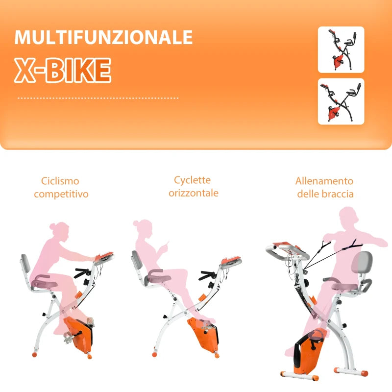 HOMCOM Cyclette Pieghevole con Resistenza Magnetica 8 Livelli, Sensore di Frequenza Cardiaca, Volano 2.5kg, Arancione