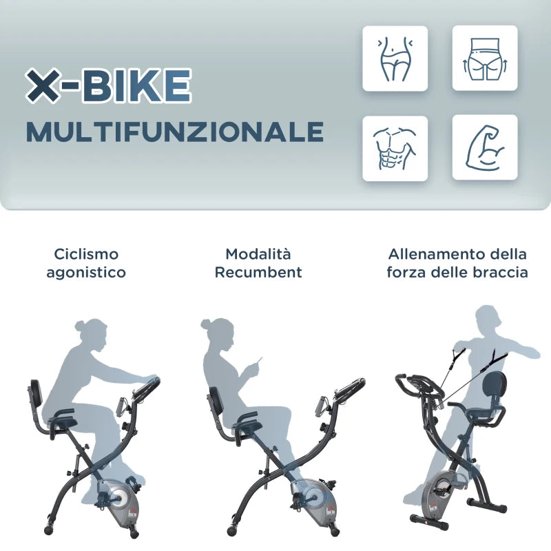 HOMCOM Cyclette Pieghevole con Schienale, Bande Elastiche e 8 Livelli di Resistenza Regolabile, Cyclette da Casa Silenziosa con Display LCD, Sensore di Frequenza Cardiaca, Porta Cellulare e Ruote
