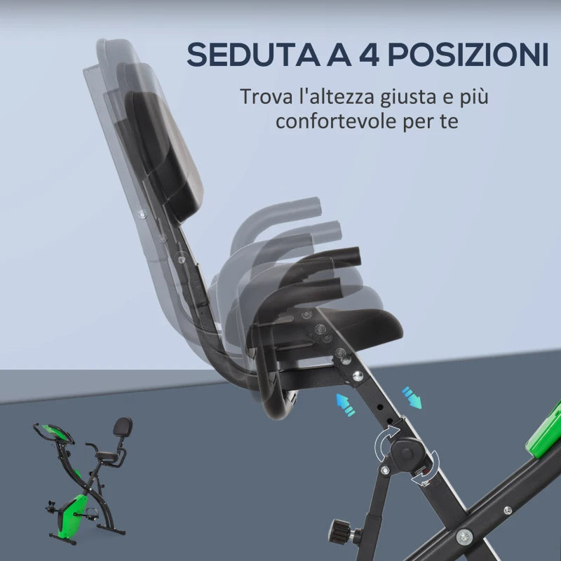 HOMCOM Cyclette Pieghevole 2 in 1, Resistenza Magnetica Regolabile 8 Livelli, Cyclette da Casa Silenziosa con Sensore di Frequenza Cardiaca, Elastici per Braccia, Schermo LCD, Volano 2.5kg, Verde