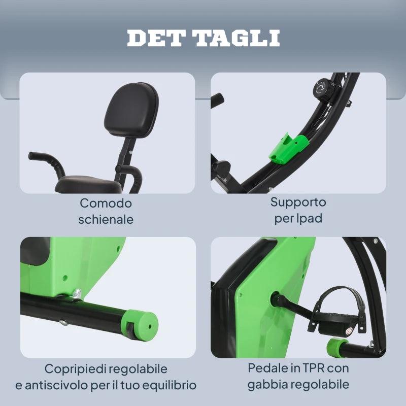 HOMCOM Cyclette Pieghevole 2 in 1, Resistenza Magnetica Regolabile 8 Livelli, Cyclette da Casa Silenziosa con Sensore di Frequenza Cardiaca, Elastici per Braccia, Schermo LCD, Volano 2.5kg, Verde