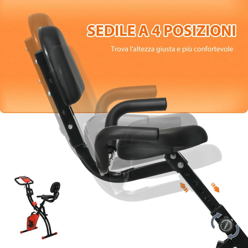 HOMCOM Cyclette Pieghevole 2 in 1, Resistenza Magnetica Regolabile 8 Livelli, Cyclette da Casa Silenziosa con Sensore di Frequenza Cardiaca, Elastici per Braccia, Schermo LCD, Volano 2.5kg, Rosso