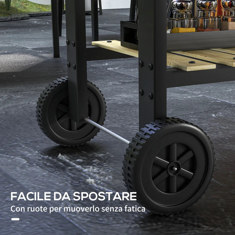 Outsunny Barbecue a Carbonella ad Altezza Regolabile con 2 Griglie e 2 Ripiani, in Metallo e Legno, 113x53.5x82.5 cm, Nera