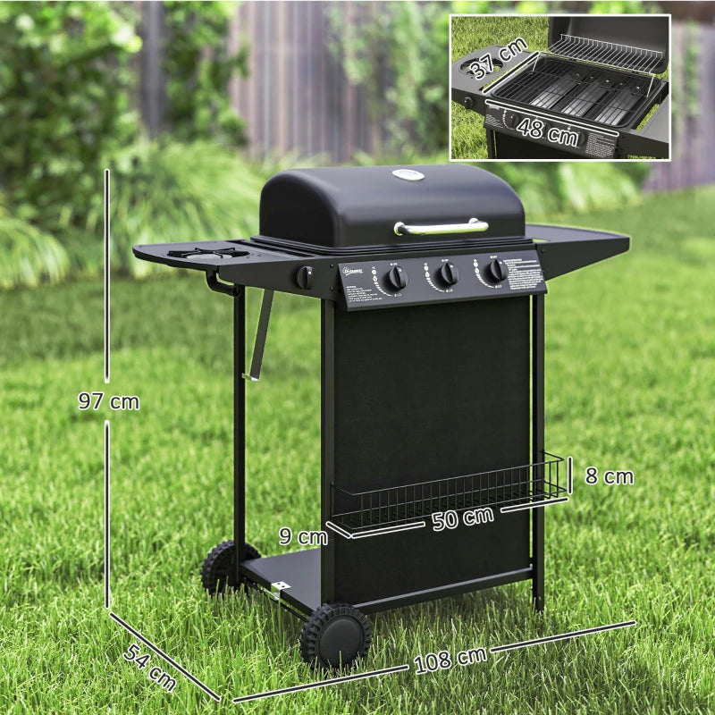 Outsunny Barbecue a Gas con 4 Bruciatori Indipendenti e Coperchio con Termometro, 108x54x97 cm, Nero