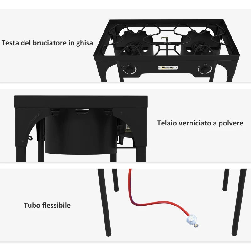 Outsunny Fornello a Gas da Campeggio con 2 Bruciatori 150,000 BTU in Metallo con Gambe Rimovibili, Nero