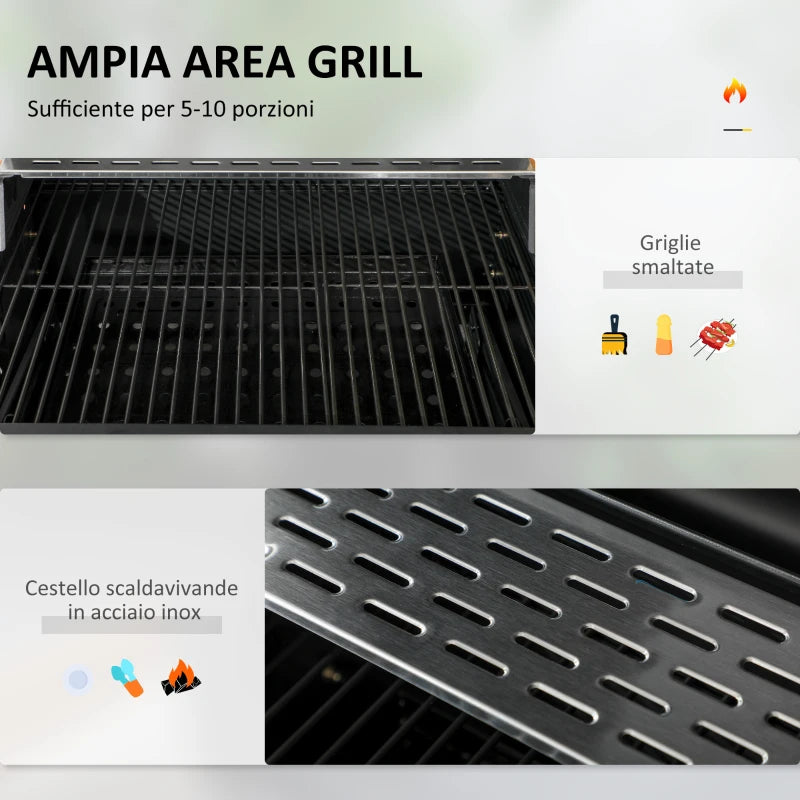 Outsunny Barbecue a Carbone con Coperchio con Termometro, Griglia Regolabile, Ruote e Tavolini, Nero
