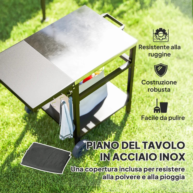 Outsunny Carrello per Barbecue con Piano in Acciaio e Ripiano Richiudibile, Ruote e Ganci, 91x58x76 cm, Nero