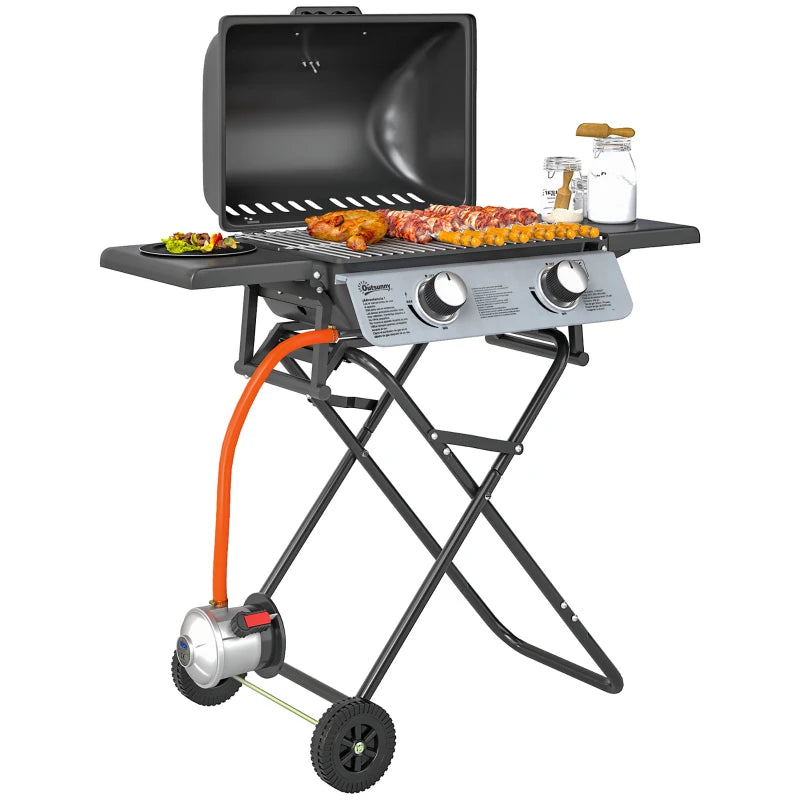 Outsunny Barbecue a Gas Portatile con 2 Bruciatori e 2 Tavolini, Coperchio con Termometro e Ruote, Nero