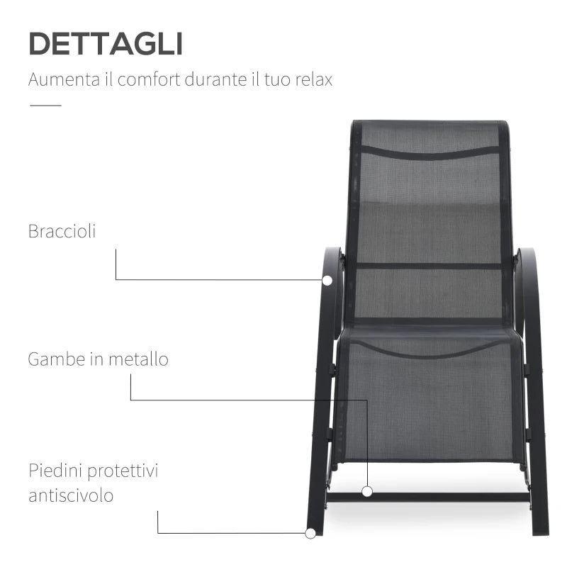 Outsunny Set 2 Lettini Prendisole e Tavolino con Ripiano, in Tessuto Traspirante e Metallo, 59x169x66 cm, Nero