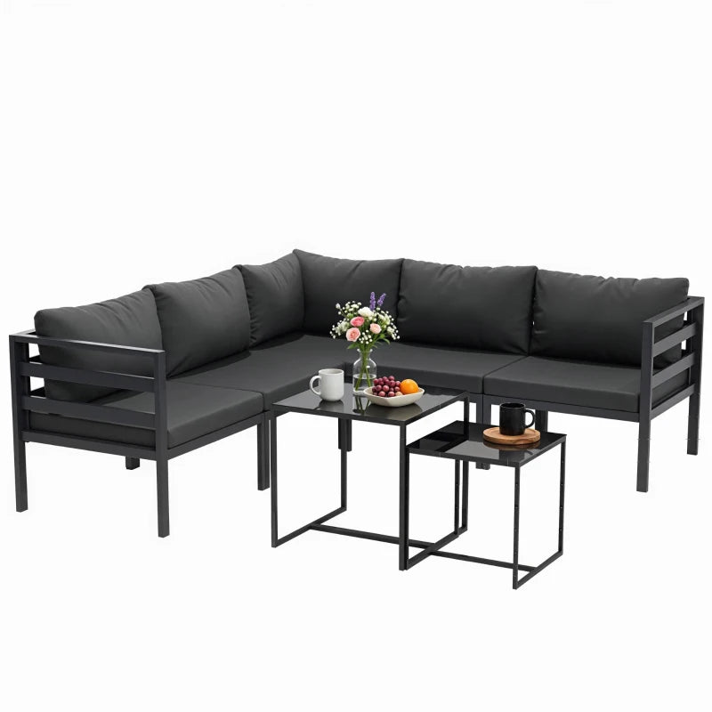 Outsunny Set da Giardino 7 Pezzi in Acciaio e Poliestere con 5 Sedie con Cuscini e 2 Tavolini da Caffè, Grigio