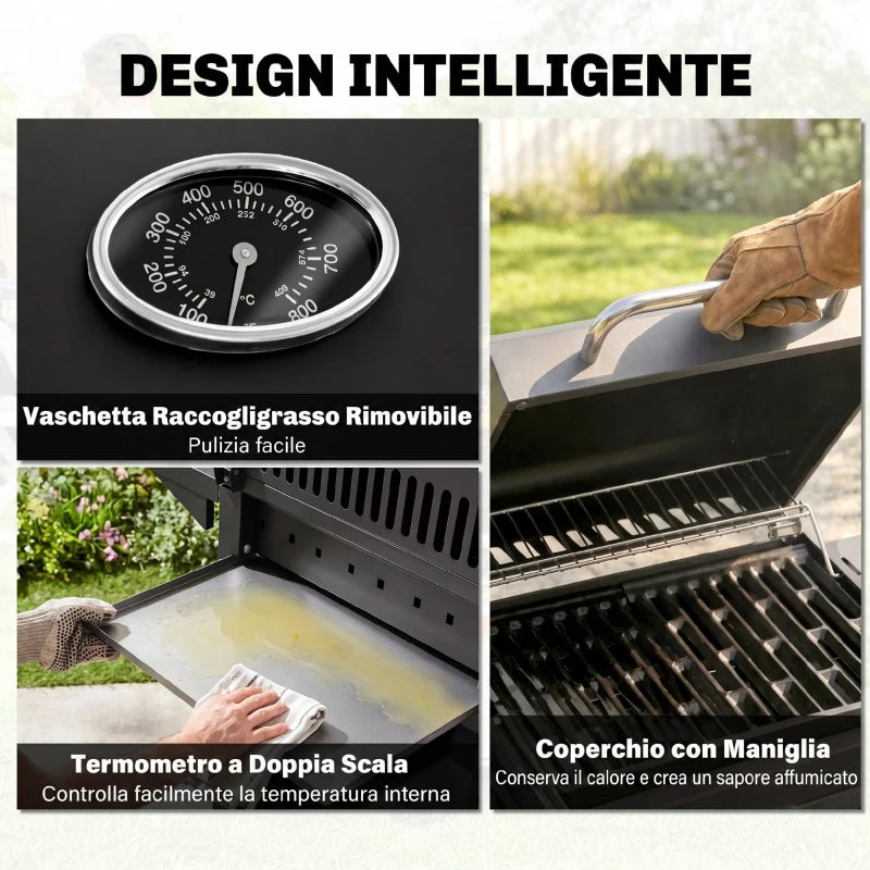 Outsunny Barbecue a Gas con Coperchio, 4 Bruciatori da 11.6kW, Fornello, Mensola e 2 Ruote, 110x50x100cm Nero
