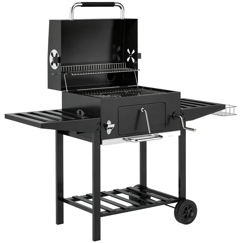 Outsunny Barbecue a Carbone a Rotelle con Griglia Regolabile e Ripiani Pieghevoli, in Acciaio e PP, 133.5x65x110 cm, Nero