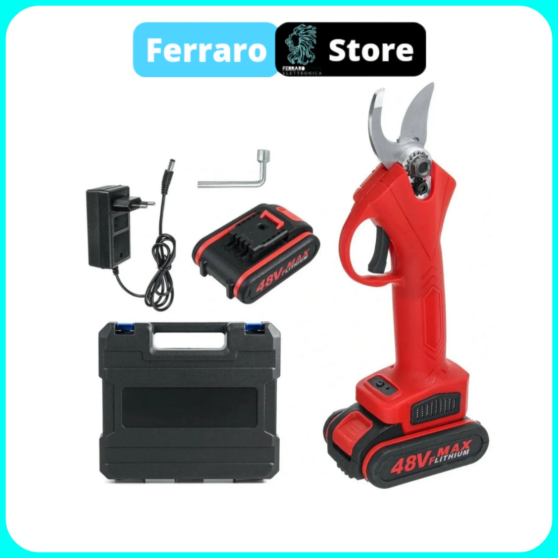 Forbici Cesoia Potatura, Doppia Batteria 48V-3Ah, Taglio 30mm, Valigetta