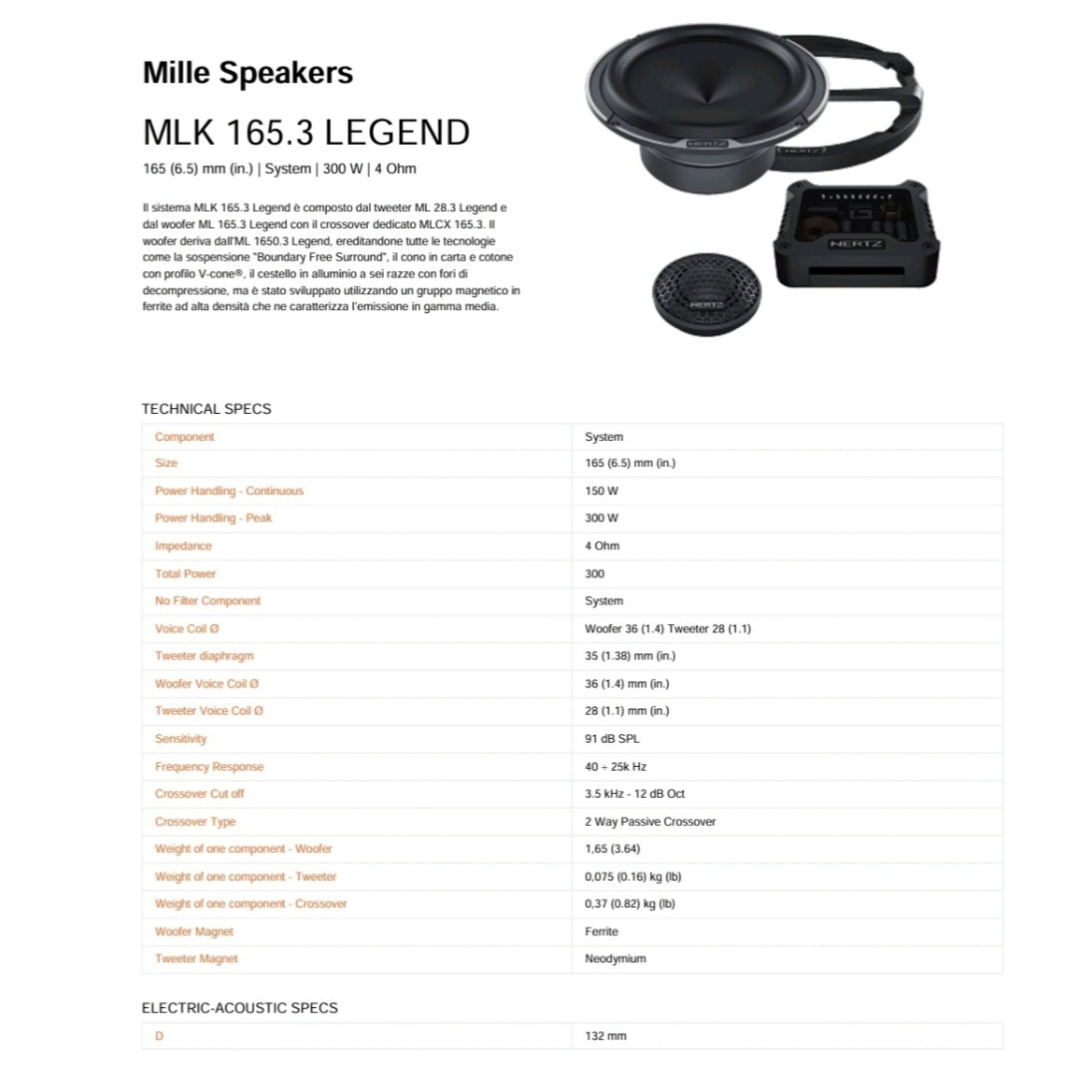 Hertz MLK 165.3, Mille Legend, Kit Altoparlanti, Casse 2 Vie 300w