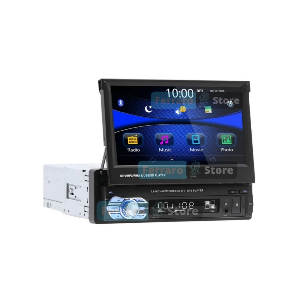 Autoradio Universale Motorizzato | 1Din 7" Pollici | a Scomparsa | Bluetooth | Radio | USB | Mirror Link per Android