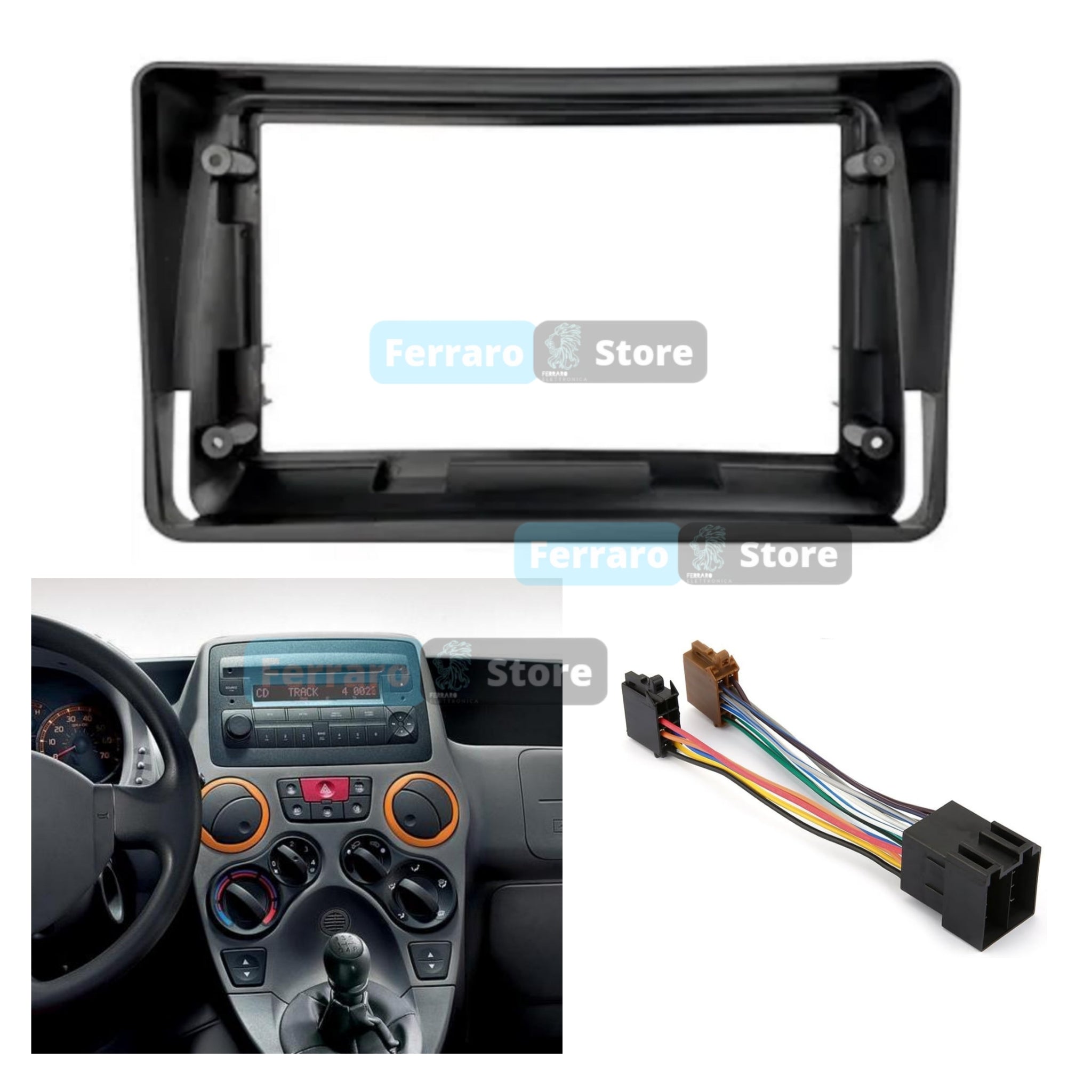 Kit Montaggio Autoradio 9"Pollici Fiat Panda 169, 2ª Serie, Mascherina, Cablaggio, Autoradio Android