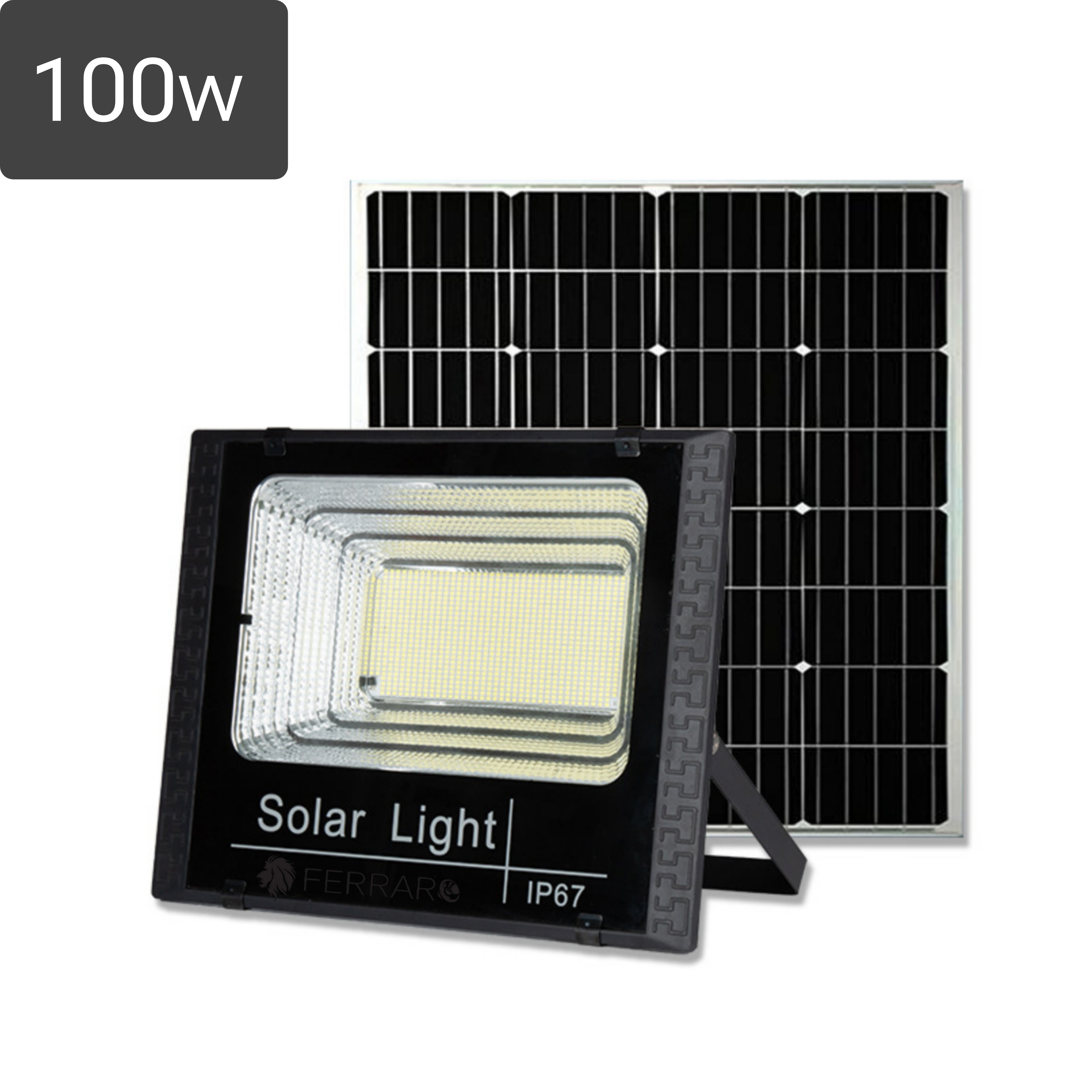 100w LED spotlight - IP66 Spotlight with Solar Panel, Remote Control included, Cold Light, Twilight Energy.