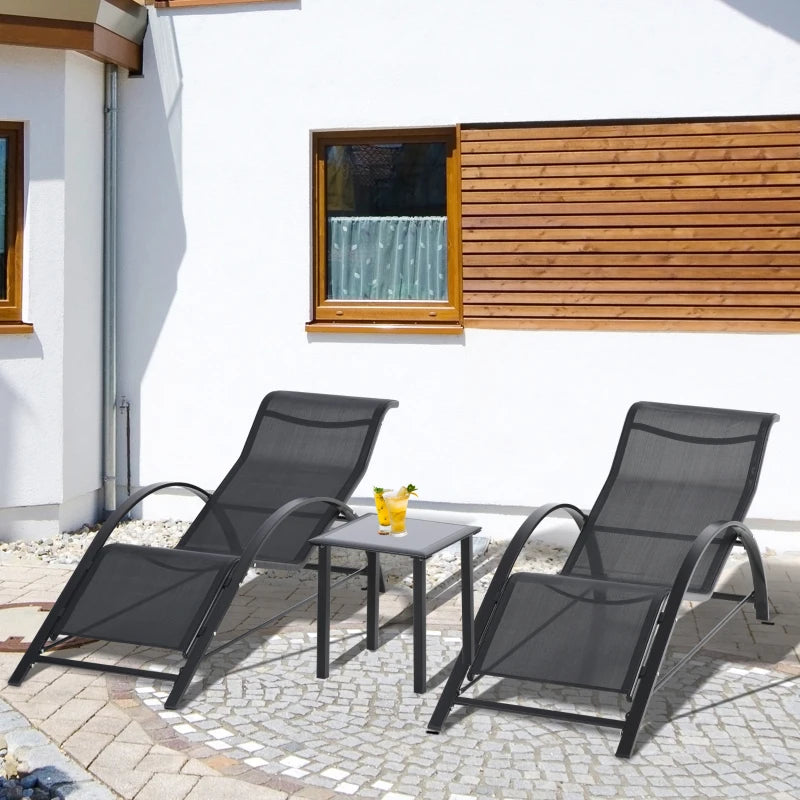 Outsunny Set 2 Lettini Prendisole e Tavolino con Ripiano, in Tessuto Traspirante e Metallo, 59x169x66 cm, Nero