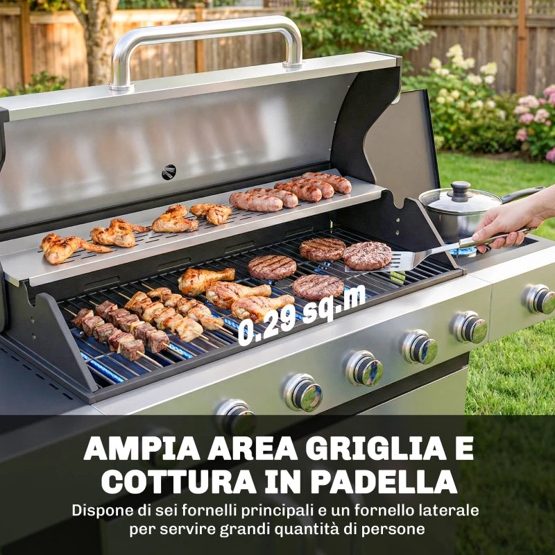 Outsunny Gas Barbecue, 6 Burners, Side Burner, Cast Iron Grill, Cabinet Included.